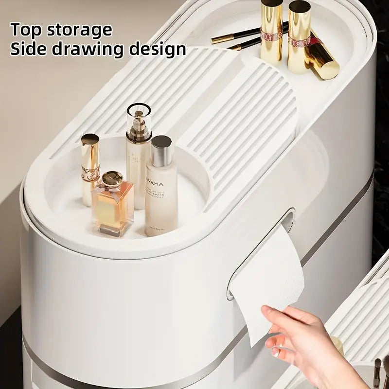White storage cabinet with closed doors - multipurpose storage box with space-saving vertical design