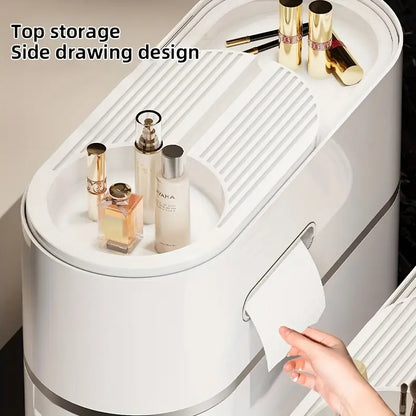 White storage cabinet with closed doors - multipurpose storage box with space-saving vertical design
