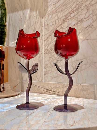 Rose For Rosé Glass Cup in Red Set of (2) - Handcrafted