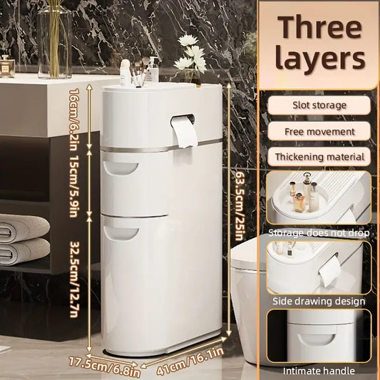 White storage cabinet with closed doors - multipurpose storage box with space-saving vertical design