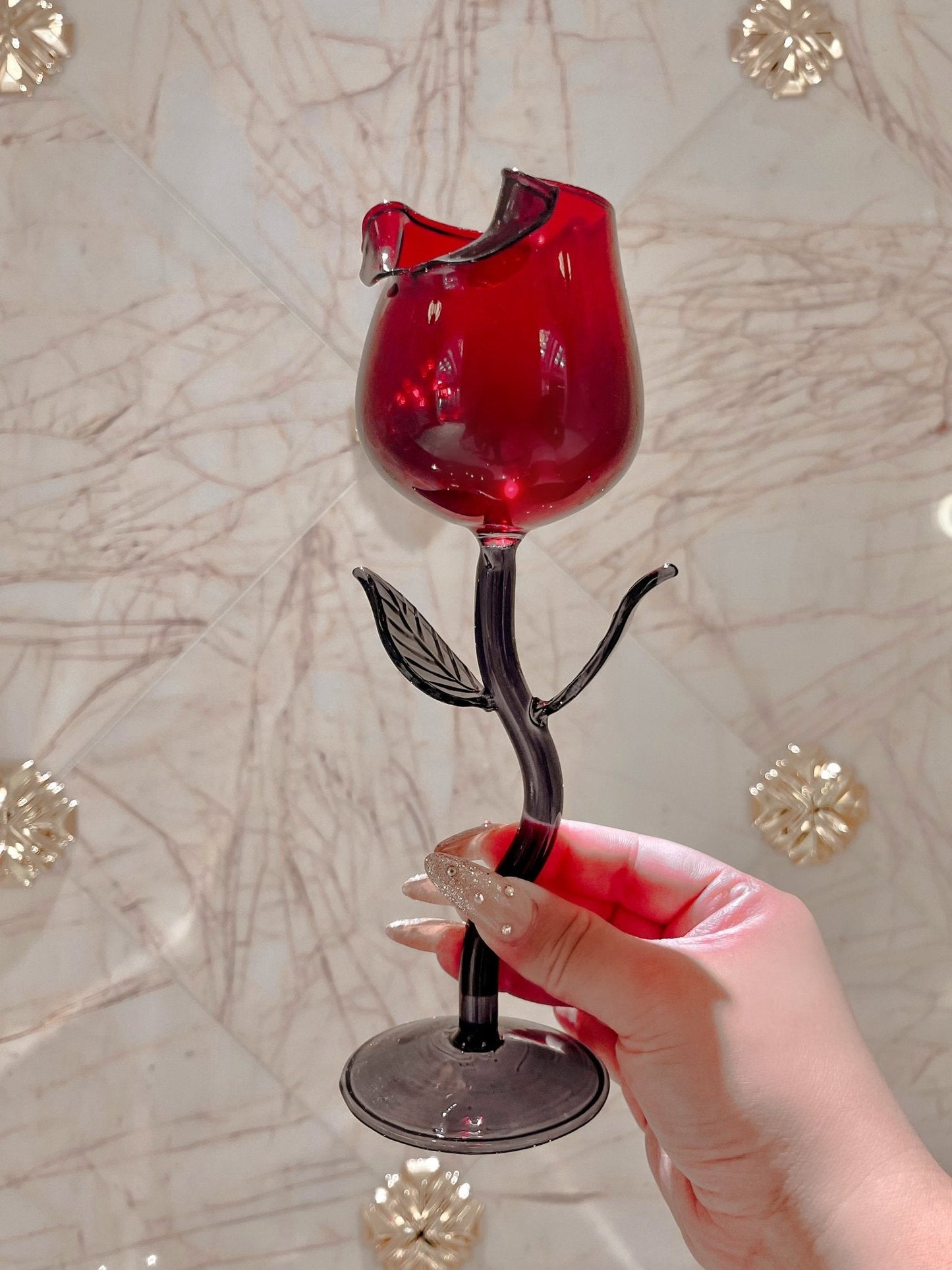 Rose For Rosé Glass Cup in Red Set of (2) - Handcrafted