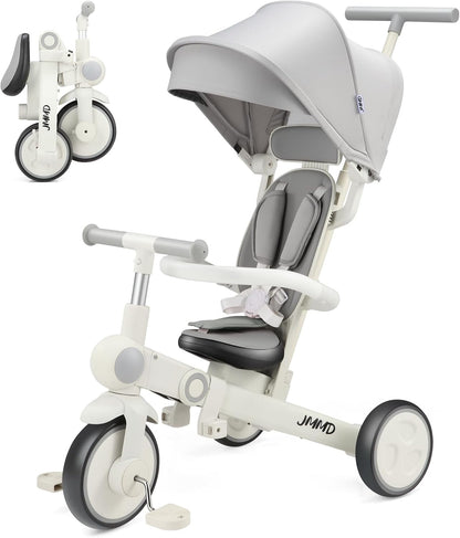Baby tricycle, 7-in-1 multifunctional children's tricycle with adjustable parent handle, safety belt and wheel brakes, removable canopy