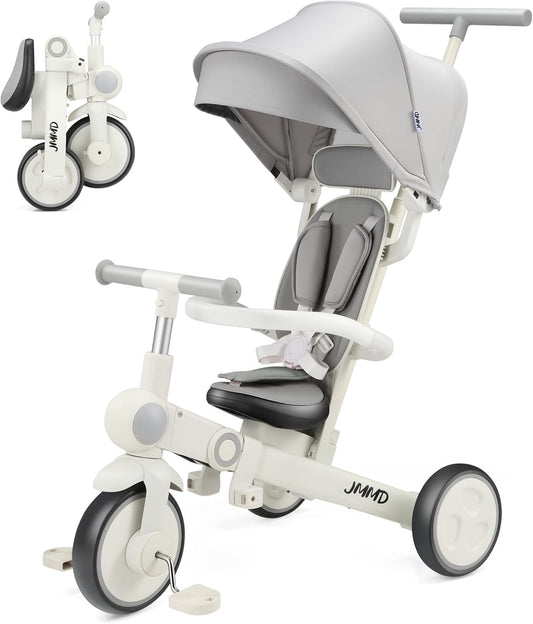 Baby tricycle, 7-in-1 multifunctional children's tricycle with adjustable parent handle, safety belt and wheel brakes, removable canopy