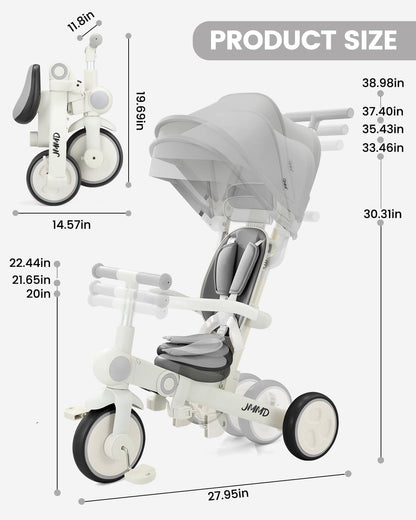 Baby tricycle, 7-in-1 multifunctional children's tricycle with adjustable parent handle, safety belt and wheel brakes, removable canopy
