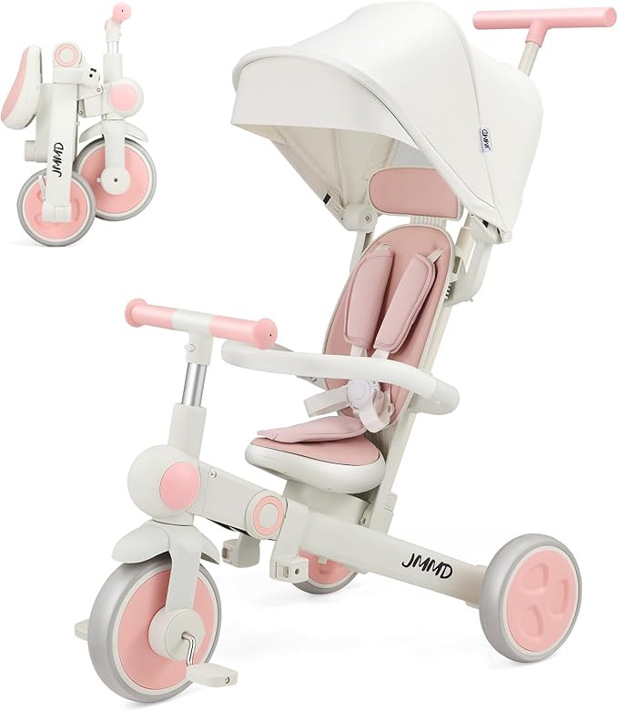 Baby tricycle, 7-in-1 multifunctional children's tricycle with adjustable parent handle, safety belt and wheel brakes, removable canopy