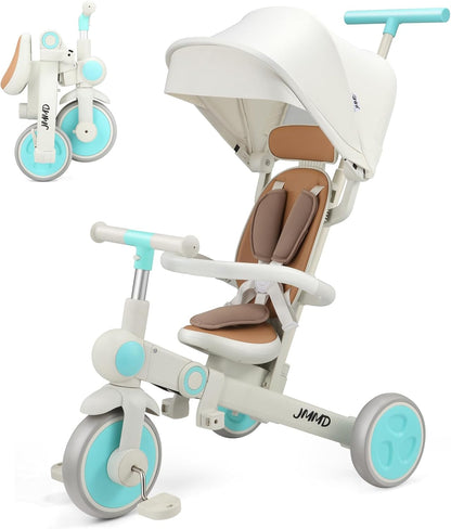 Baby tricycle, 7-in-1 multifunctional children's tricycle with adjustable parent handle, safety belt and wheel brakes, removable canopy