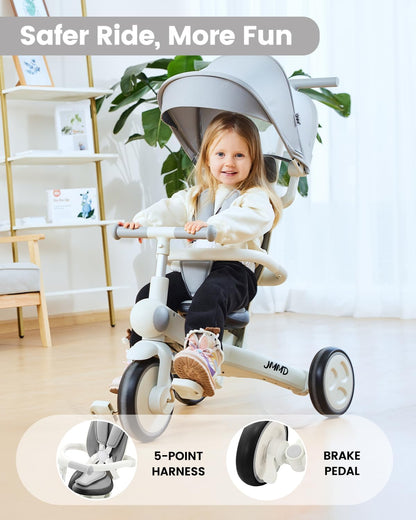 Baby tricycle, 7-in-1 multifunctional children's tricycle with adjustable parent handle, safety belt and wheel brakes, removable canopy