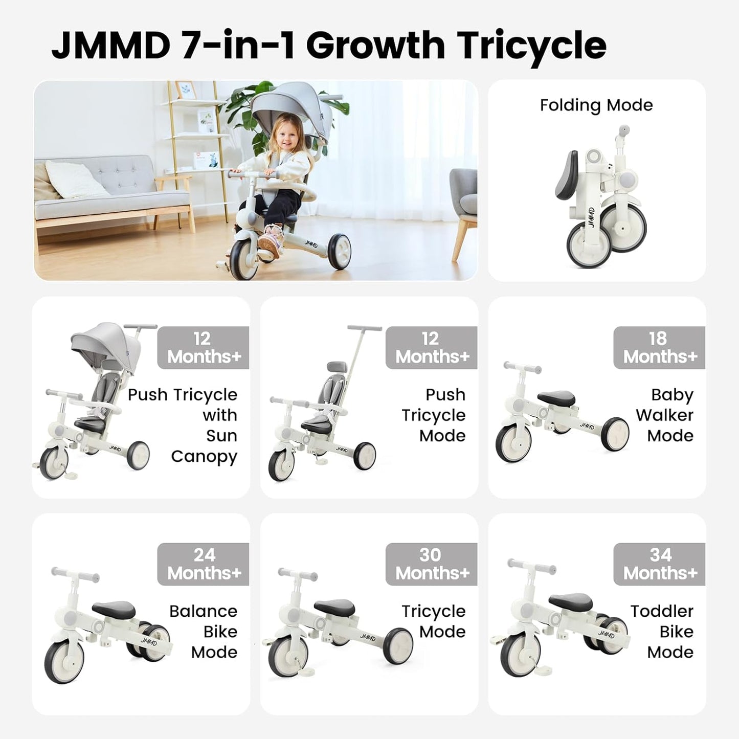 Baby tricycle, 7-in-1 multifunctional children's tricycle with adjustable parent handle, safety belt and wheel brakes, removable canopy