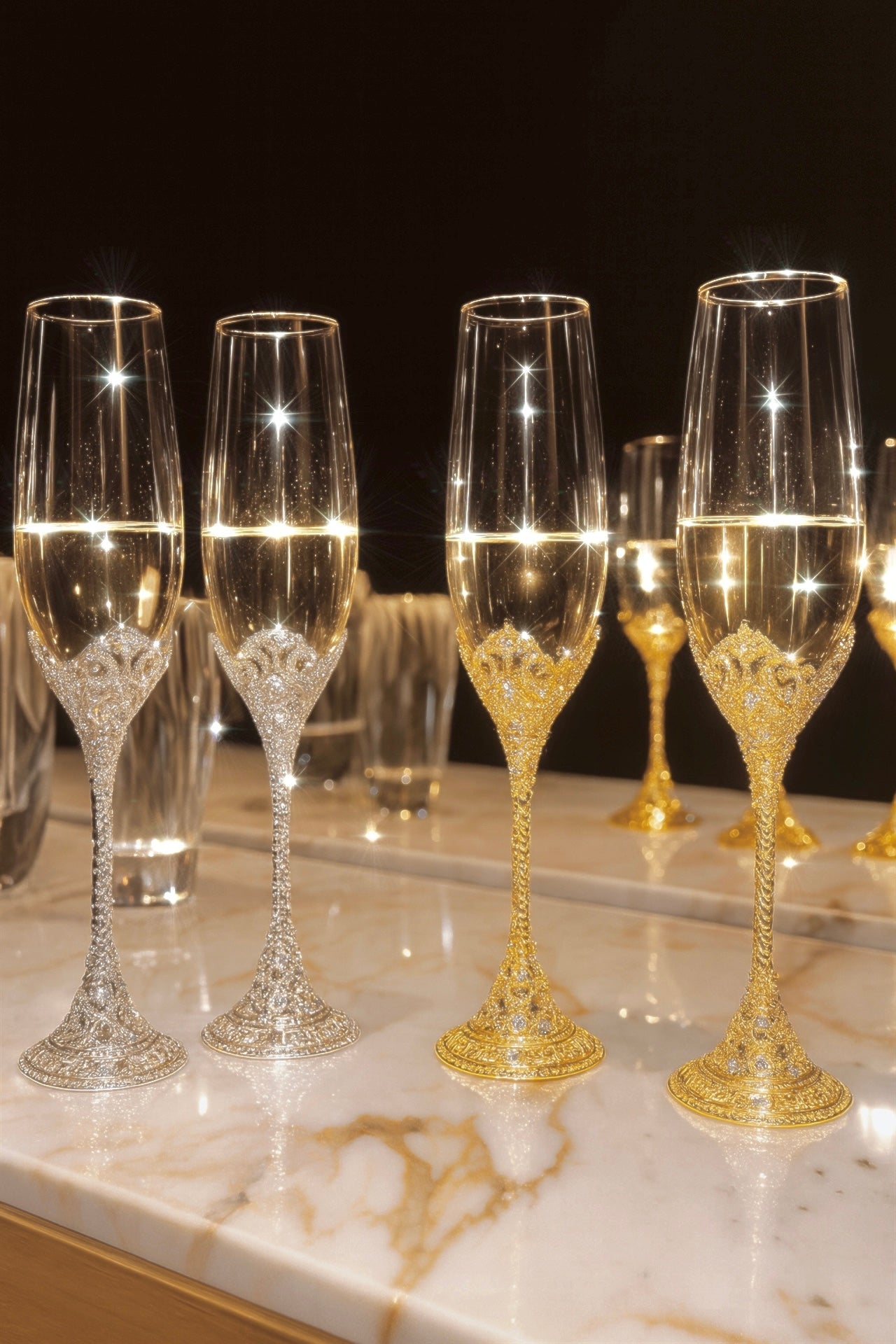 Crowné Embossed Diamonds Champagne Flute™️ Set of 2 in Silver