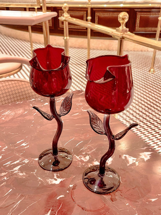 Rose For Rosé Glass Cup in Red Set of (2) - Handcrafted