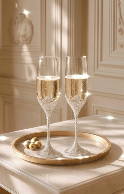 Crowné Embossed Diamonds Champagne Flute™️ Set of 2 in Silver