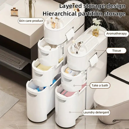 White storage cabinet with closed doors - multipurpose storage box with space-saving vertical design