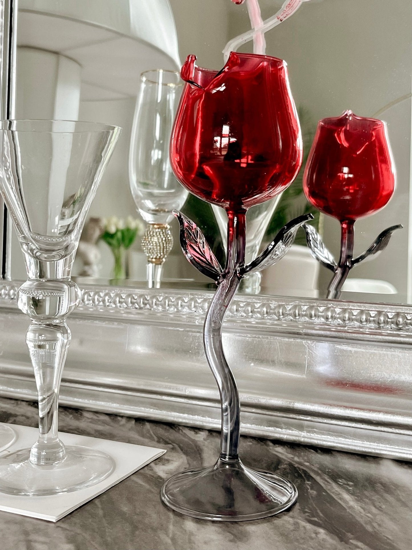 Rose For Rosé Glass Cup in Red Set of (2) - Handcrafted